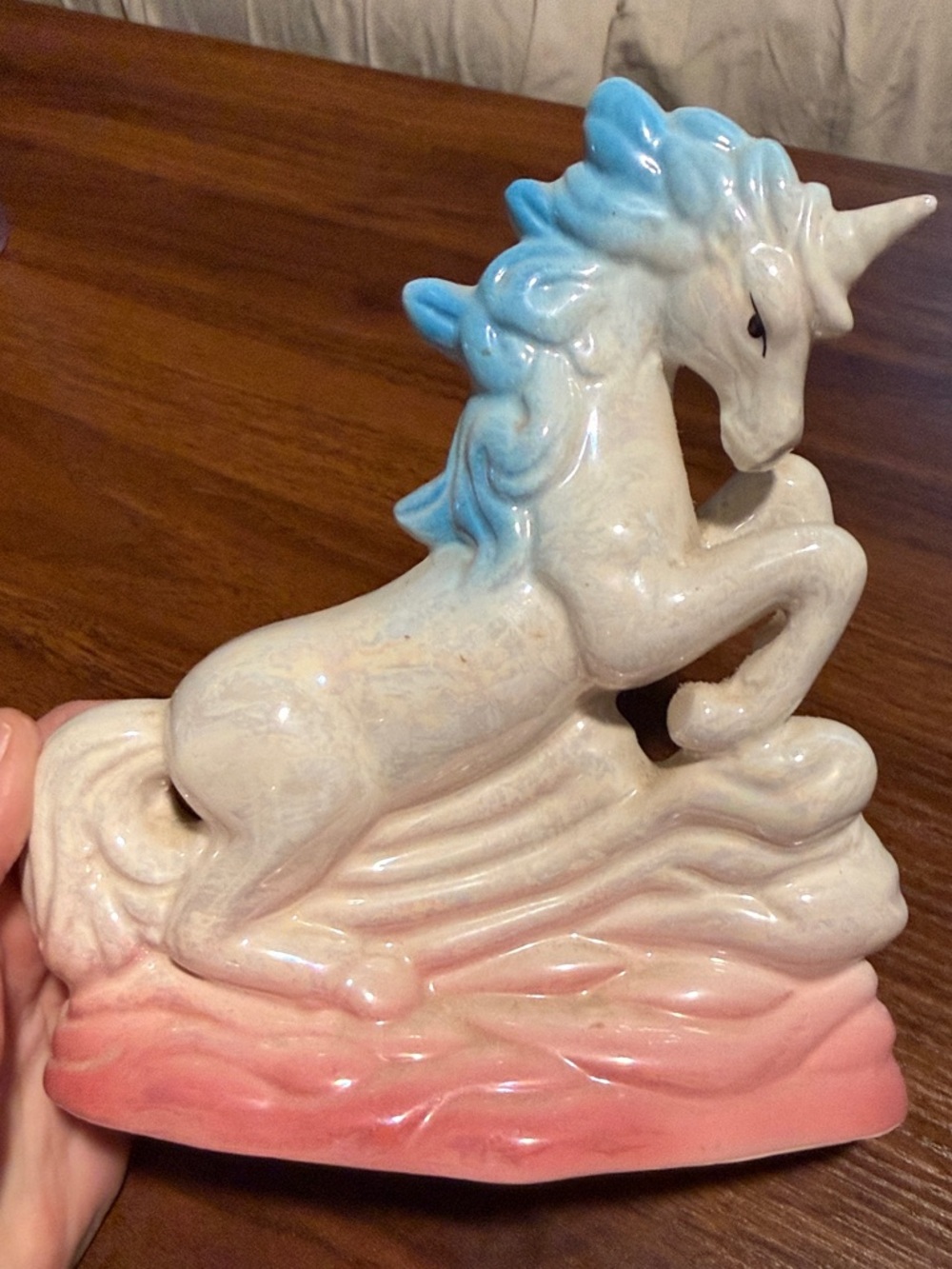 Ceramic Unicorn Figurine in Blue, White and Pink